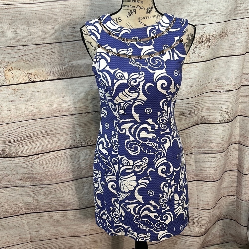 Lilly Pulitzer Lindy Dress Shift Beaded Neck Tide Pool Purple Size 0 Cut-out